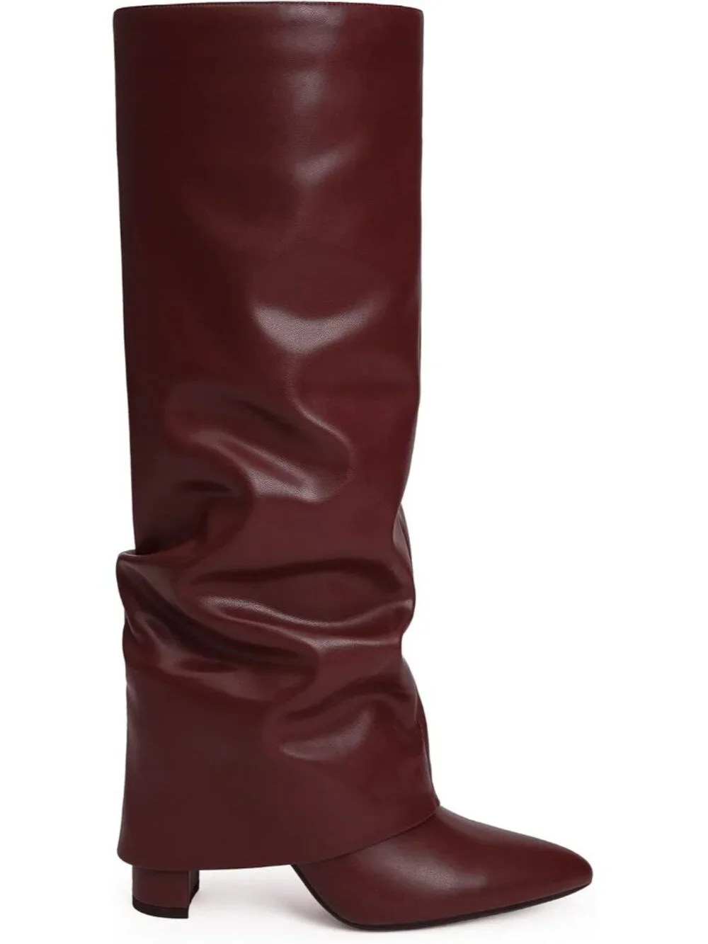 Women's Burgundy Slouchy Pointed Toe Chunky Heel Faux Leather Over The Knee Boot